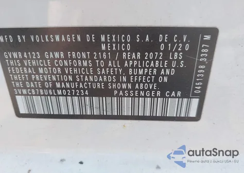 2020 Volkswagen Jetta 1.4T R-Line/1.4T S/1.4T Se из США, поврежденный, VIN 3VWCB7BU6LM027234